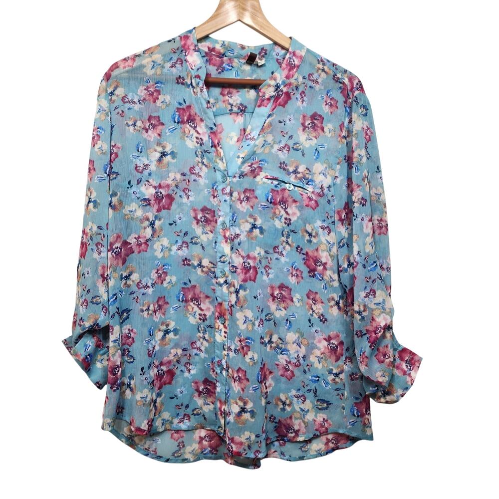 Kut From the Kloth Blue Floral Chiffon Button Up Blouse Size Large